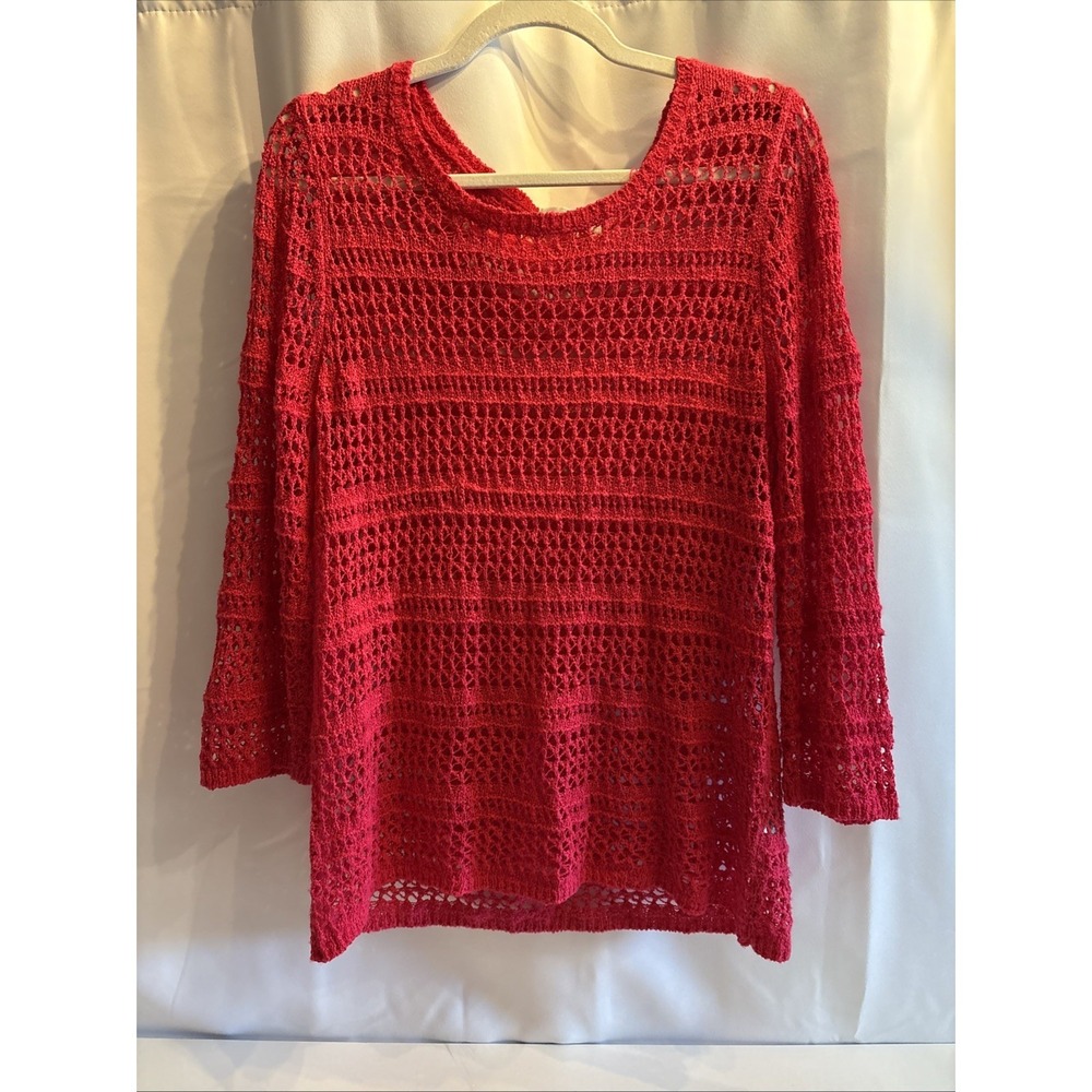 Dressbarn Sweater XL Pink Crochet Open Weave 3/4 Sleeve Grannycore Bohemian